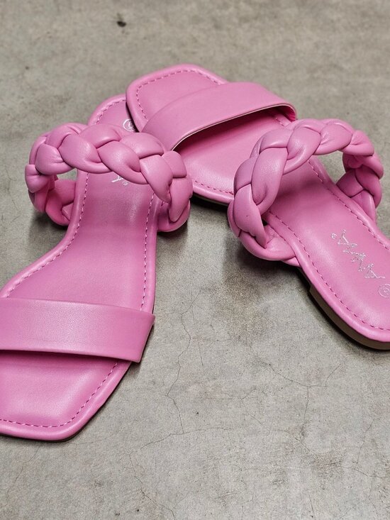 Shoes - Braided Strap Pink Flat Sandals For Women Comfortable Square Toe Slip-On Design